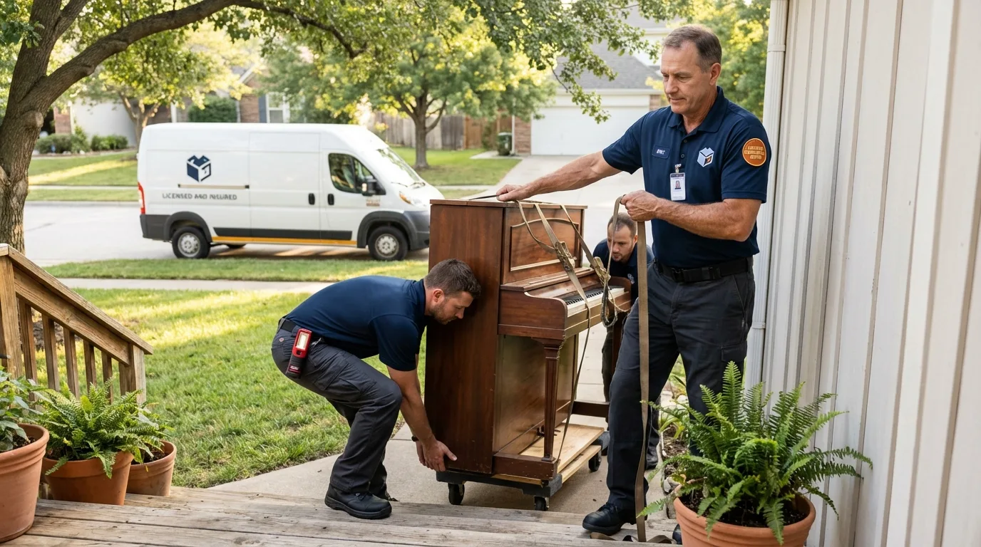 Licensed piano movers securing grand piano in Northborough, MA