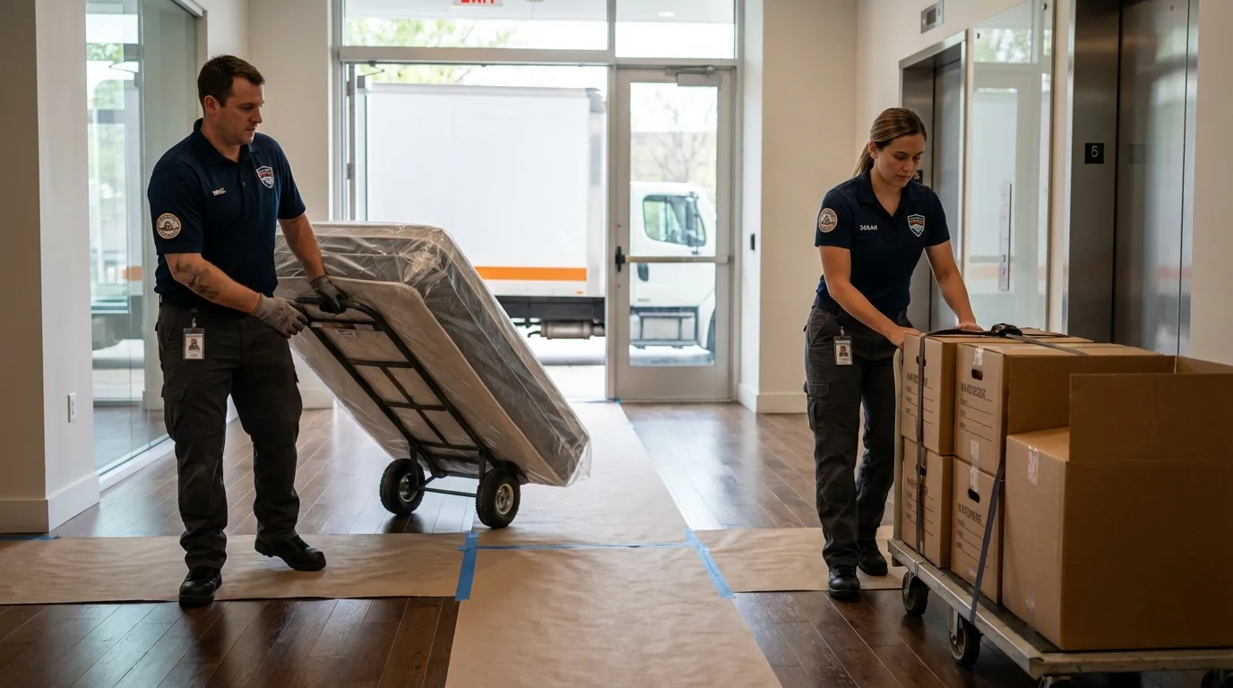 Professional apartment movers loading elevator in Northborough, MA