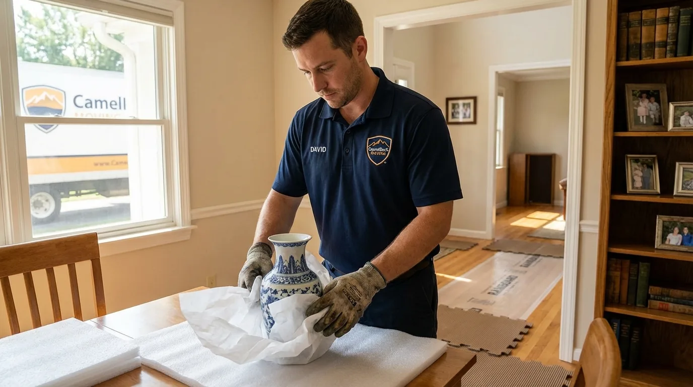 Professional crew carefully wrapping antique vase for senior downsizing move in Northborough, MA