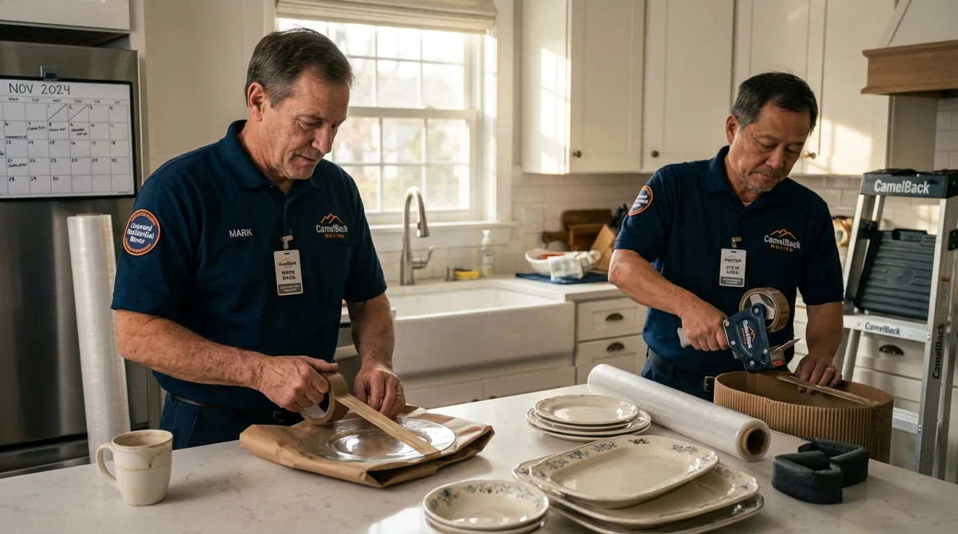 Professional crew packing kitchen dishware in Northborough, MA